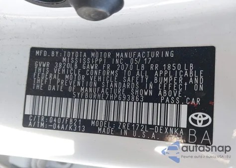 2017 Toyota Corolla Le из США, поврежденный, VIN 5YFBURHE7HP693863